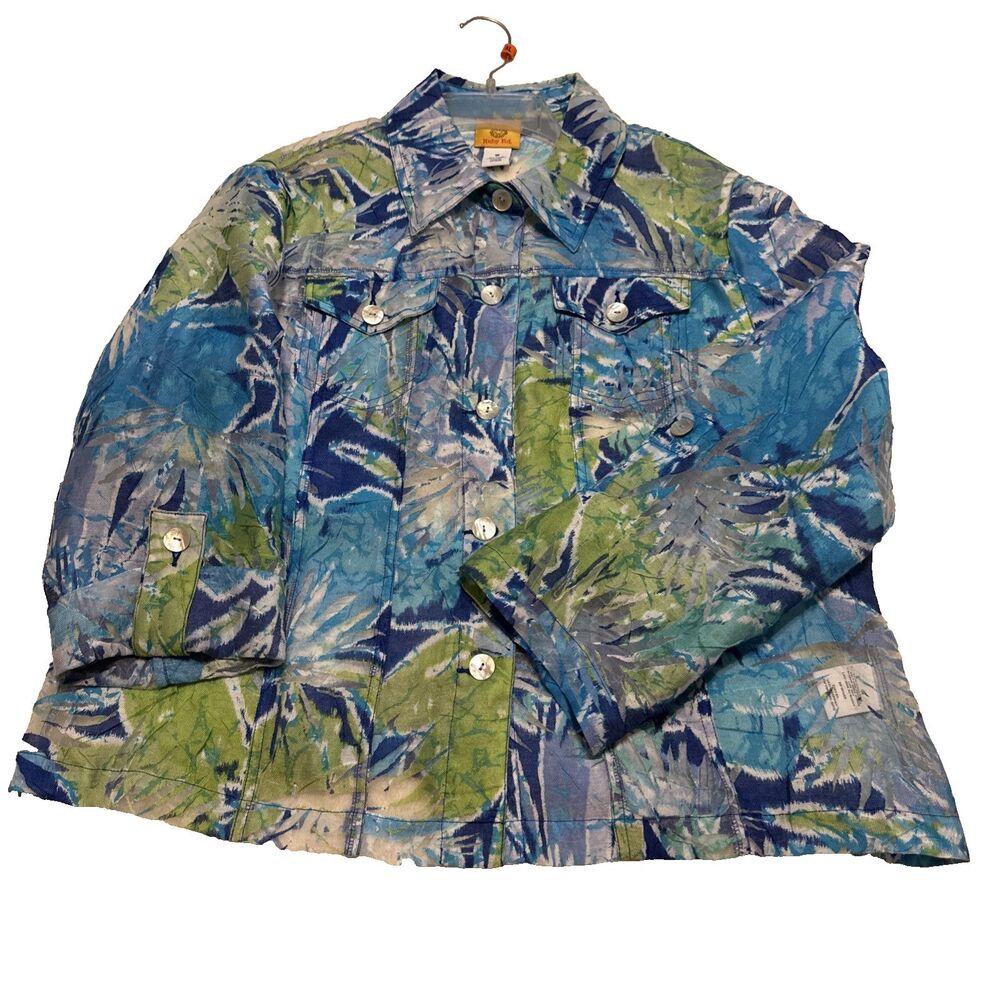 Ruby Rd. Size 18 XL Top Blouse Sheer Button Down Roll Tab Blues/Greens Sheer